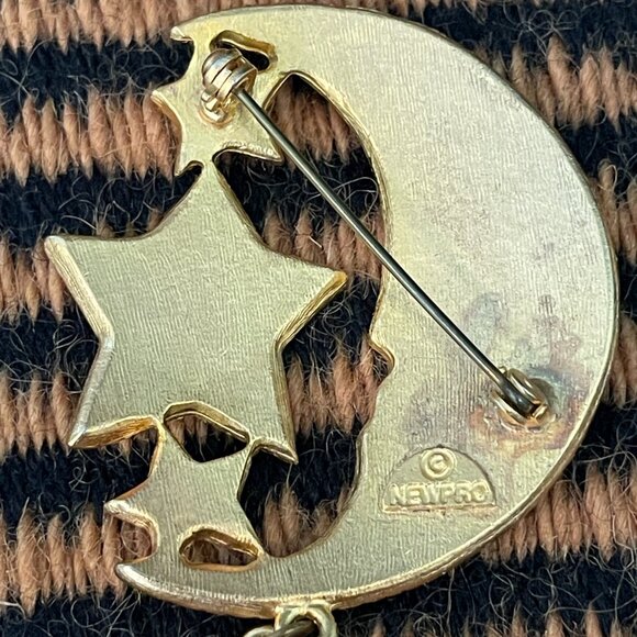 Vintage Newpro Crescent Moon and Stars Gold Tone and Glitter Brooch Pin - Picture 4 of 5